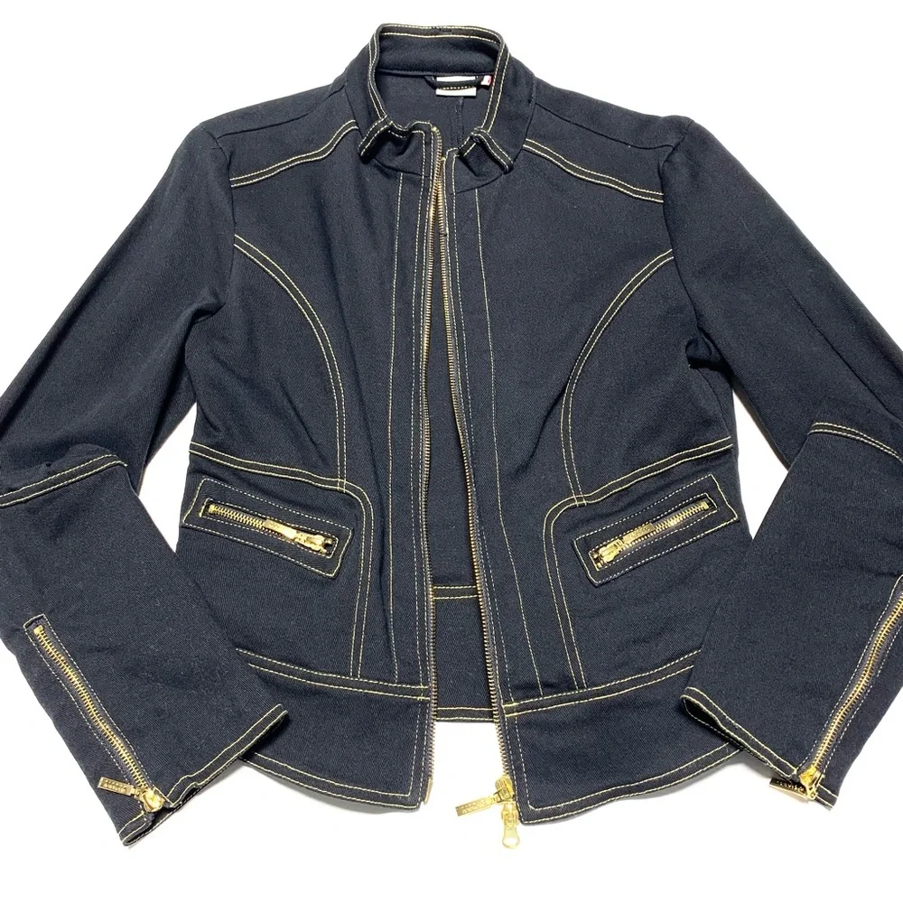 ❗️SOLD❗️Y2K Georgiou Studio Black Denim Tailored Mock Neck Zip Jacket S - Picture 11 of 11